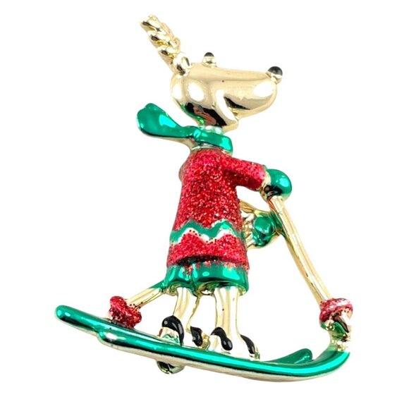 Vintage AJC Enamel Christmas Reindeer Ski Brooch Pin 2'' - Picture 1 of 8
